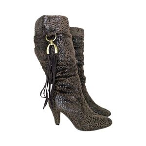 Animal Print Slouchy Fringe Textured Fuzzy Boots in Bown/Brass Size EU 38